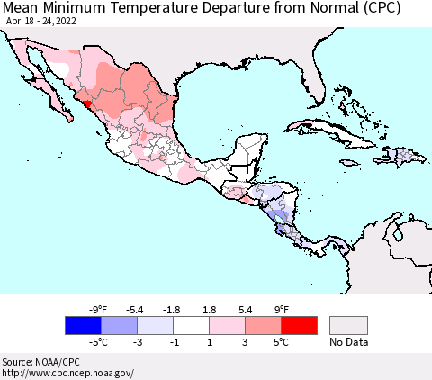 Mexico Central America and the Caribbean Mean Minimum Temperature Departure from Normal (CPC) Thematic Map For 4/18/2022 - 4/24/2022