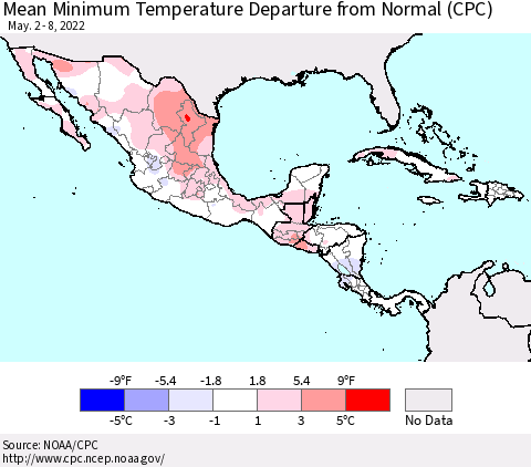Mexico Central America and the Caribbean Mean Minimum Temperature Departure from Normal (CPC) Thematic Map For 5/2/2022 - 5/8/2022