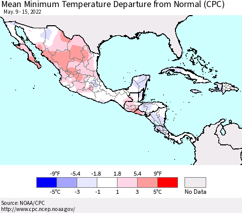 Mexico Central America and the Caribbean Mean Minimum Temperature Departure from Normal (CPC) Thematic Map For 5/9/2022 - 5/15/2022