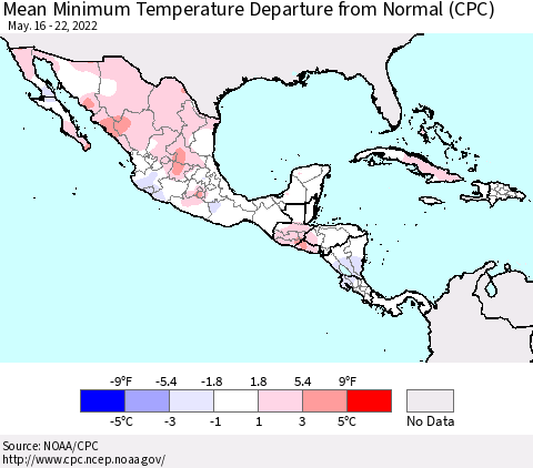 Mexico Central America and the Caribbean Mean Minimum Temperature Departure from Normal (CPC) Thematic Map For 5/16/2022 - 5/22/2022