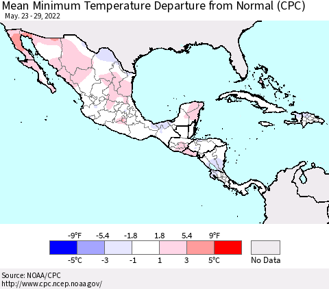 Mexico Central America and the Caribbean Mean Minimum Temperature Departure from Normal (CPC) Thematic Map For 5/23/2022 - 5/29/2022