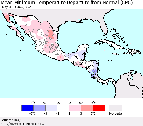 Mexico Central America and the Caribbean Mean Minimum Temperature Departure from Normal (CPC) Thematic Map For 5/30/2022 - 6/5/2022