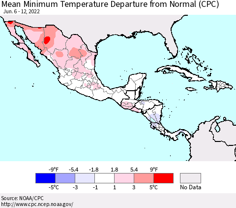 Mexico Central America and the Caribbean Mean Minimum Temperature Departure from Normal (CPC) Thematic Map For 6/6/2022 - 6/12/2022