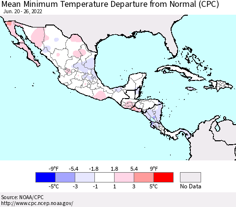 Mexico Central America and the Caribbean Mean Minimum Temperature Departure from Normal (CPC) Thematic Map For 6/20/2022 - 6/26/2022