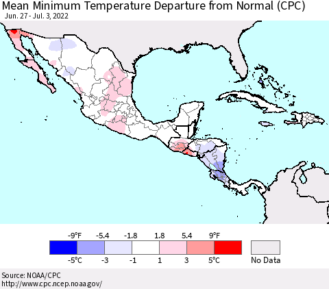 Mexico Central America and the Caribbean Mean Minimum Temperature Departure from Normal (CPC) Thematic Map For 6/27/2022 - 7/3/2022
