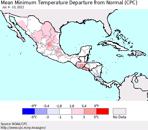Mexico Central America and the Caribbean Mean Minimum Temperature Departure from Normal (CPC) Thematic Map For 7/4/2022 - 7/10/2022