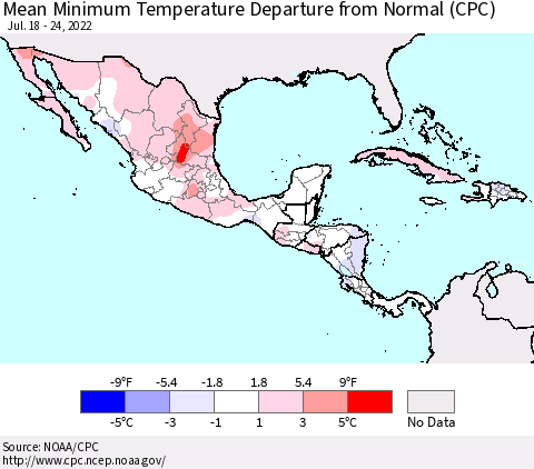 Mexico Central America and the Caribbean Mean Minimum Temperature Departure from Normal (CPC) Thematic Map For 7/18/2022 - 7/24/2022