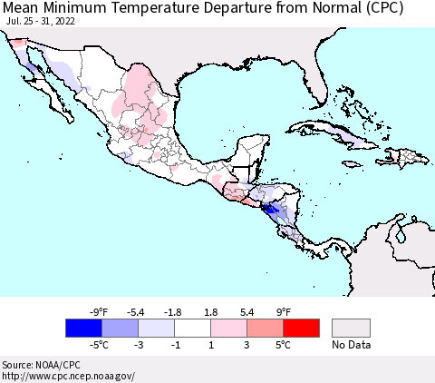 Mexico Central America and the Caribbean Mean Minimum Temperature Departure from Normal (CPC) Thematic Map For 7/25/2022 - 7/31/2022