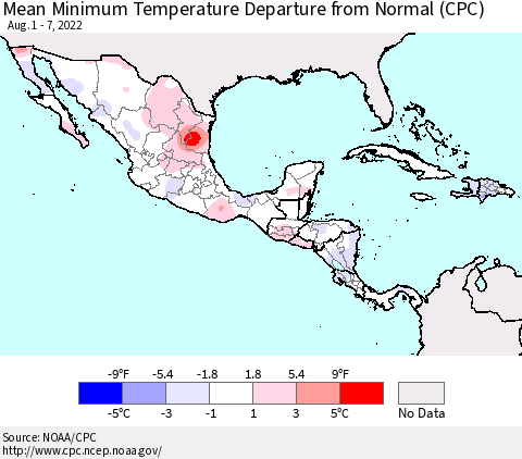 Mexico Central America and the Caribbean Mean Minimum Temperature Departure from Normal (CPC) Thematic Map For 8/1/2022 - 8/7/2022