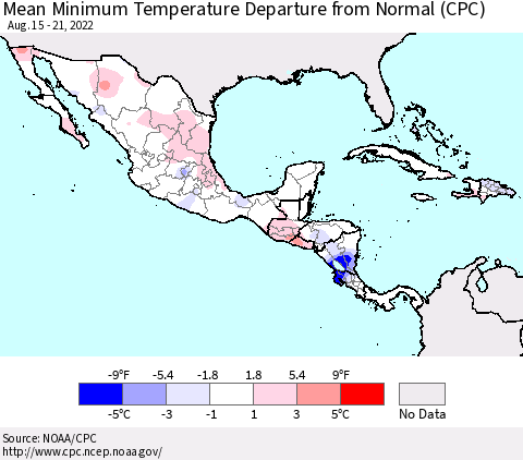 Mexico Central America and the Caribbean Mean Minimum Temperature Departure from Normal (CPC) Thematic Map For 8/15/2022 - 8/21/2022