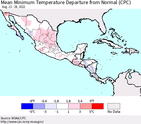 Mexico Central America and the Caribbean Mean Minimum Temperature Departure from Normal (CPC) Thematic Map For 8/22/2022 - 8/28/2022