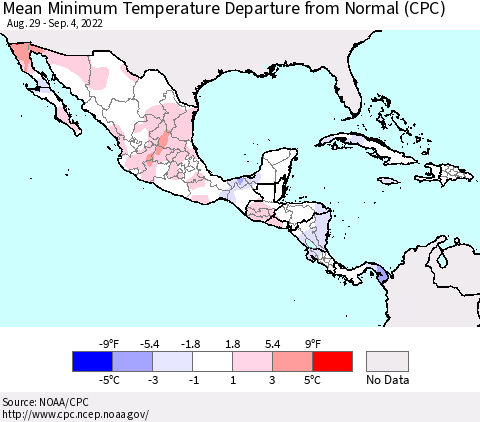 Mexico Central America and the Caribbean Mean Minimum Temperature Departure from Normal (CPC) Thematic Map For 8/29/2022 - 9/4/2022