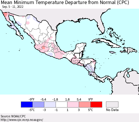Mexico Central America and the Caribbean Mean Minimum Temperature Departure from Normal (CPC) Thematic Map For 9/5/2022 - 9/11/2022