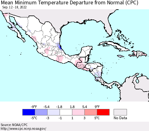 Mexico Central America and the Caribbean Mean Minimum Temperature Departure from Normal (CPC) Thematic Map For 9/12/2022 - 9/18/2022