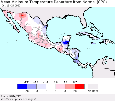 Mexico Central America and the Caribbean Mean Minimum Temperature Departure from Normal (CPC) Thematic Map For 10/17/2022 - 10/23/2022