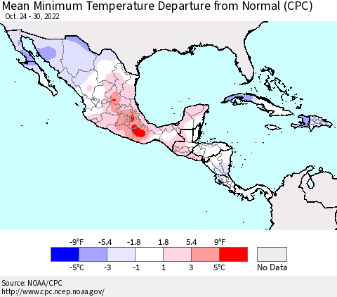 Mexico Central America and the Caribbean Mean Minimum Temperature Departure from Normal (CPC) Thematic Map For 10/24/2022 - 10/30/2022