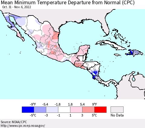 Mexico Central America and the Caribbean Mean Minimum Temperature Departure from Normal (CPC) Thematic Map For 10/31/2022 - 11/6/2022
