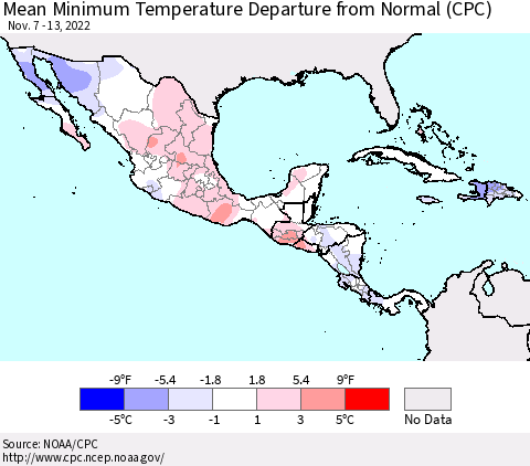 Mexico Central America and the Caribbean Mean Minimum Temperature Departure from Normal (CPC) Thematic Map For 11/7/2022 - 11/13/2022