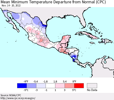 Mexico Central America and the Caribbean Mean Minimum Temperature Departure from Normal (CPC) Thematic Map For 11/14/2022 - 11/20/2022