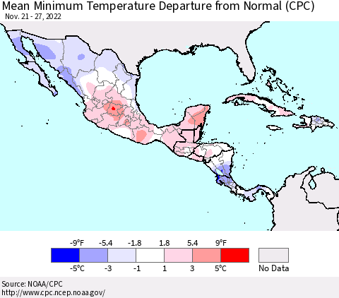 Mexico Central America and the Caribbean Mean Minimum Temperature Departure from Normal (CPC) Thematic Map For 11/21/2022 - 11/27/2022