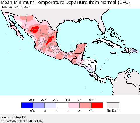 Mexico Central America and the Caribbean Mean Minimum Temperature Departure from Normal (CPC) Thematic Map For 11/28/2022 - 12/4/2022