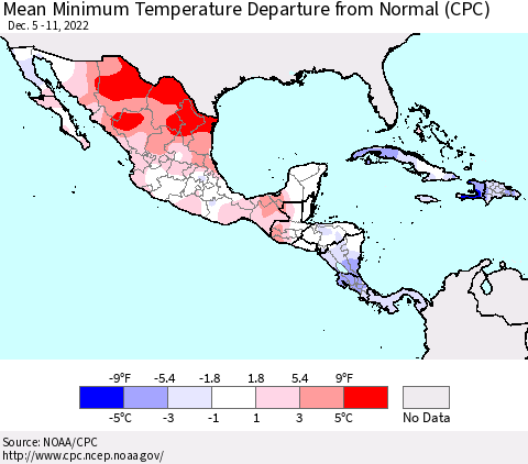 Mexico Central America and the Caribbean Mean Minimum Temperature Departure from Normal (CPC) Thematic Map For 12/5/2022 - 12/11/2022