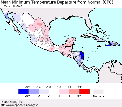 Mexico Central America and the Caribbean Mean Minimum Temperature Departure from Normal (CPC) Thematic Map For 12/12/2022 - 12/18/2022
