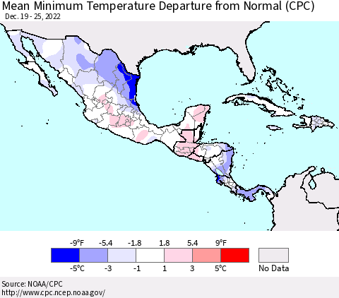 Mexico Central America and the Caribbean Mean Minimum Temperature Departure from Normal (CPC) Thematic Map For 12/19/2022 - 12/25/2022