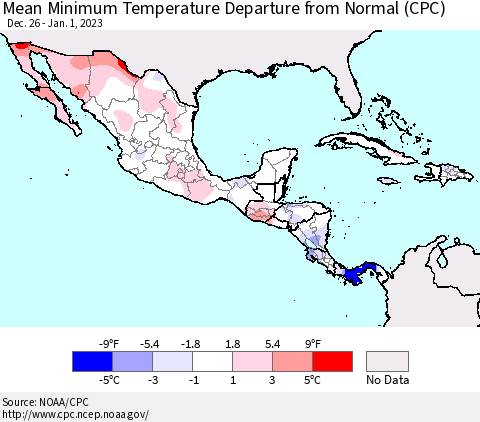 Mexico Central America and the Caribbean Mean Minimum Temperature Departure from Normal (CPC) Thematic Map For 12/26/2022 - 1/1/2023