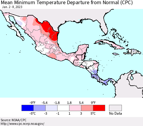 Mexico Central America and the Caribbean Mean Minimum Temperature Departure from Normal (CPC) Thematic Map For 1/2/2023 - 1/8/2023