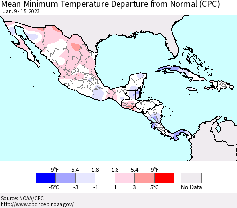 Mexico Central America and the Caribbean Mean Minimum Temperature Departure from Normal (CPC) Thematic Map For 1/9/2023 - 1/15/2023