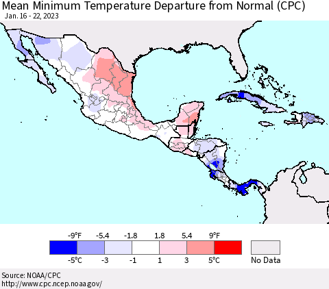 Mexico Central America and the Caribbean Mean Minimum Temperature Departure from Normal (CPC) Thematic Map For 1/16/2023 - 1/22/2023