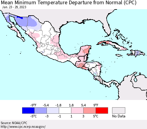 Mexico Central America and the Caribbean Mean Minimum Temperature Departure from Normal (CPC) Thematic Map For 1/23/2023 - 1/29/2023