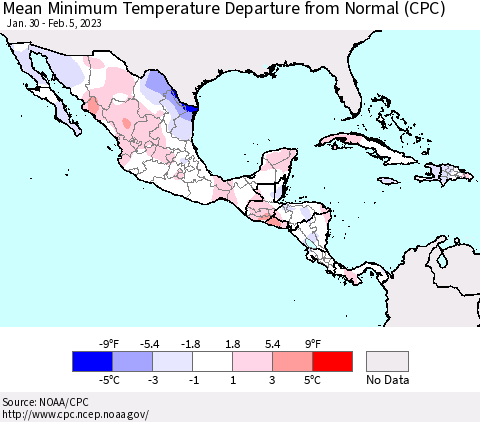 Mexico Central America and the Caribbean Mean Minimum Temperature Departure from Normal (CPC) Thematic Map For 1/30/2023 - 2/5/2023
