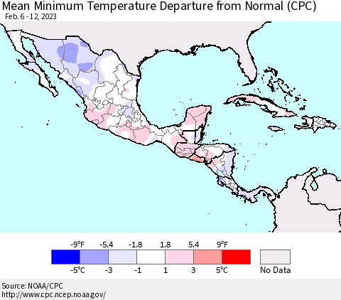 Mexico Central America and the Caribbean Mean Minimum Temperature Departure from Normal (CPC) Thematic Map For 2/6/2023 - 2/12/2023
