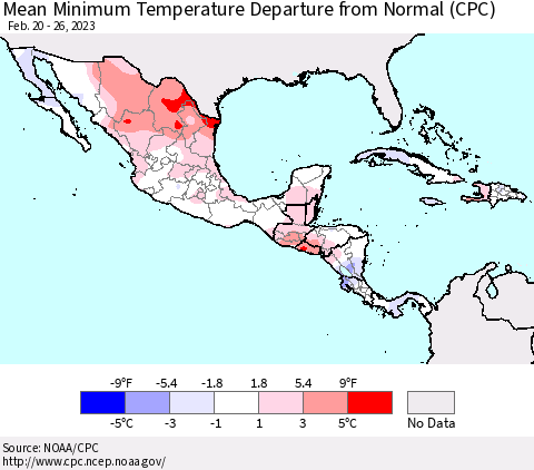 Mexico Central America and the Caribbean Mean Minimum Temperature Departure from Normal (CPC) Thematic Map For 2/20/2023 - 2/26/2023