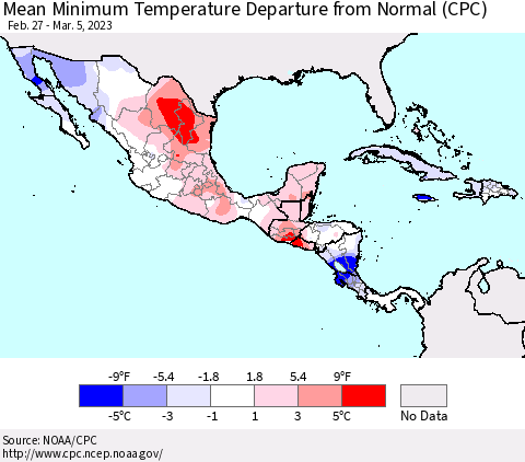Mexico Central America and the Caribbean Mean Minimum Temperature Departure from Normal (CPC) Thematic Map For 2/27/2023 - 3/5/2023