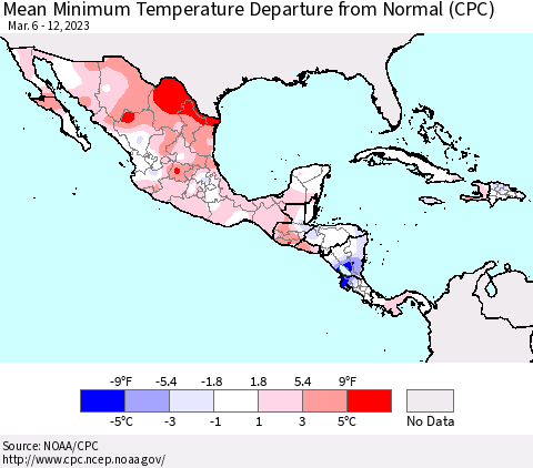Mexico Central America and the Caribbean Mean Minimum Temperature Departure from Normal (CPC) Thematic Map For 3/6/2023 - 3/12/2023