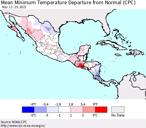 Mexico Central America and the Caribbean Mean Minimum Temperature Departure from Normal (CPC) Thematic Map For 3/13/2023 - 3/19/2023