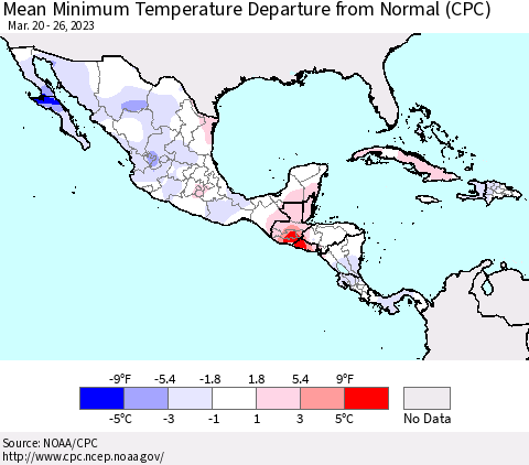 Mexico Central America and the Caribbean Mean Minimum Temperature Departure from Normal (CPC) Thematic Map For 3/20/2023 - 3/26/2023