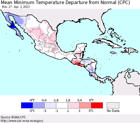 Mexico Central America and the Caribbean Mean Minimum Temperature Departure from Normal (CPC) Thematic Map For 3/27/2023 - 4/2/2023