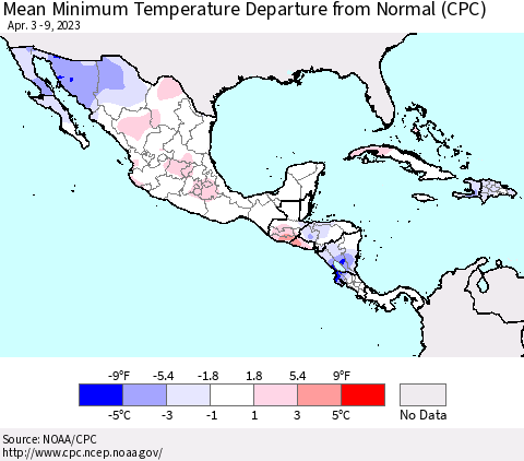 Mexico Central America and the Caribbean Mean Minimum Temperature Departure from Normal (CPC) Thematic Map For 4/3/2023 - 4/9/2023