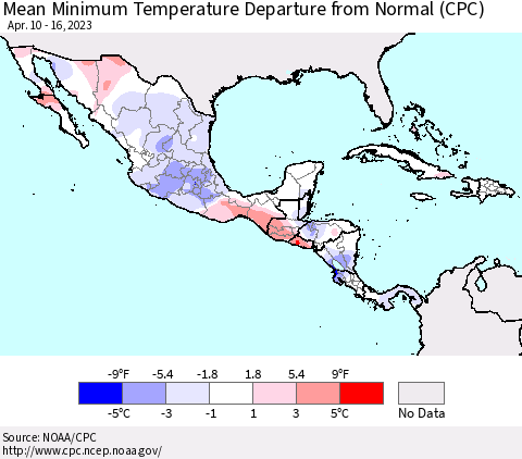 Mexico Central America and the Caribbean Mean Minimum Temperature Departure from Normal (CPC) Thematic Map For 4/10/2023 - 4/16/2023