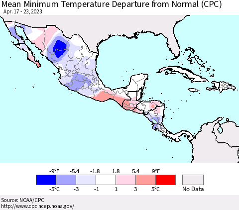 Mexico Central America and the Caribbean Mean Minimum Temperature Departure from Normal (CPC) Thematic Map For 4/17/2023 - 4/23/2023