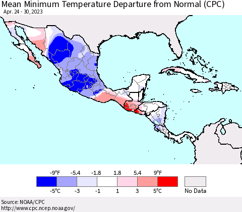 Mexico Central America and the Caribbean Mean Minimum Temperature Departure from Normal (CPC) Thematic Map For 4/24/2023 - 4/30/2023