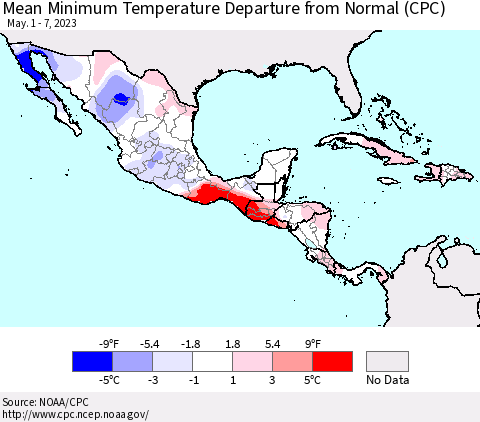 Mexico Central America and the Caribbean Mean Minimum Temperature Departure from Normal (CPC) Thematic Map For 5/1/2023 - 5/7/2023