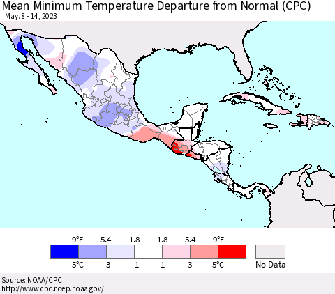 Mexico Central America and the Caribbean Mean Minimum Temperature Departure from Normal (CPC) Thematic Map For 5/8/2023 - 5/14/2023