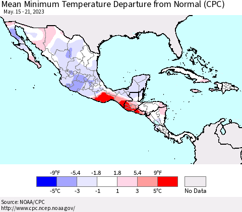Mexico Central America and the Caribbean Mean Minimum Temperature Departure from Normal (CPC) Thematic Map For 5/15/2023 - 5/21/2023