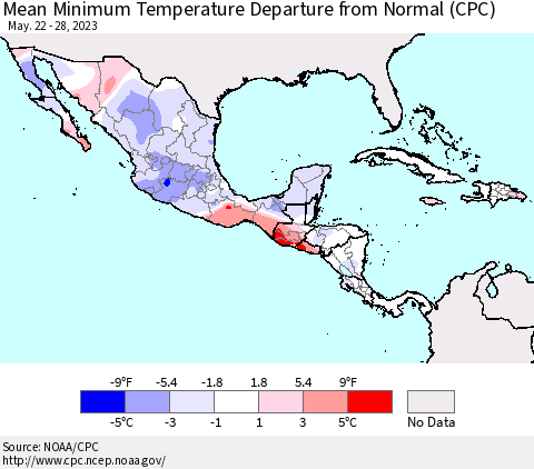 Mexico Central America and the Caribbean Mean Minimum Temperature Departure from Normal (CPC) Thematic Map For 5/22/2023 - 5/28/2023