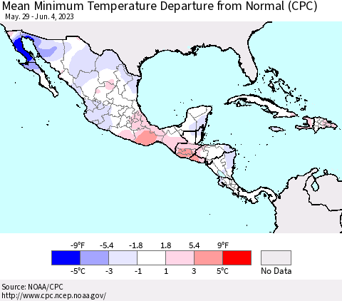 Mexico Central America and the Caribbean Mean Minimum Temperature Departure from Normal (CPC) Thematic Map For 5/29/2023 - 6/4/2023